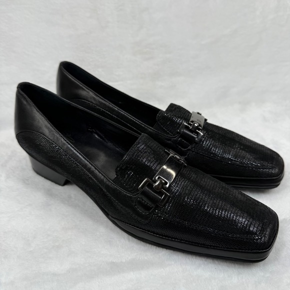 Amalfi by Rangoni Black Lizard Embossed Leather Bit Loafer Block Heel Shoe 10N